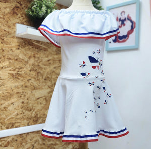 Vestido para niñas inspirado en la bandera dominicana, Vestido Dominicano con mariposas. Disponible desde talla 12 meses hasta #12