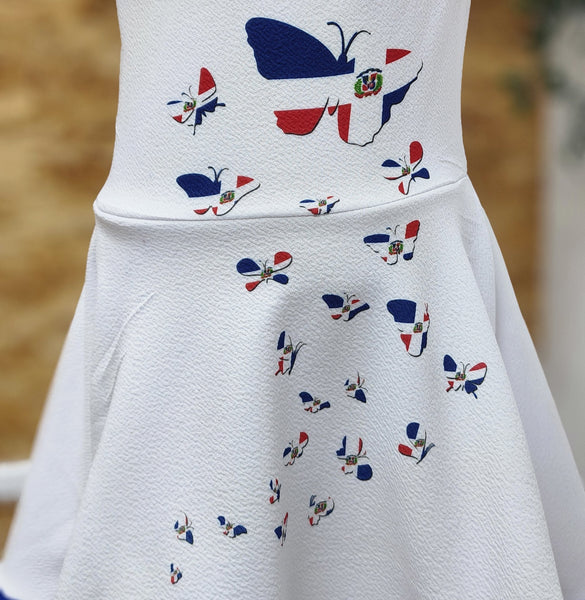 Vestido para niñas inspirado en la bandera dominicana, Vestido Dominicano con mariposas. Disponible desde talla 12 meses hasta #12