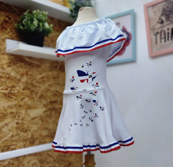 Vestido para niñas inspirado en la bandera dominicana, Vestido Dominicano con mariposas. Disponible desde talla 12 meses hasta #12