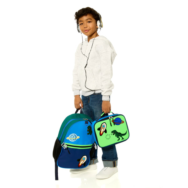 Mochila de 17" para niños, Set de 3 piezas, incluye mochila, lonchera y auriculares. Dinosaurio