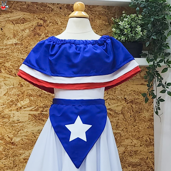 Conjunto típico Puerto Rico,  Boricua, Leotardo, falda de vuelos y accesorio para el pelo combinado