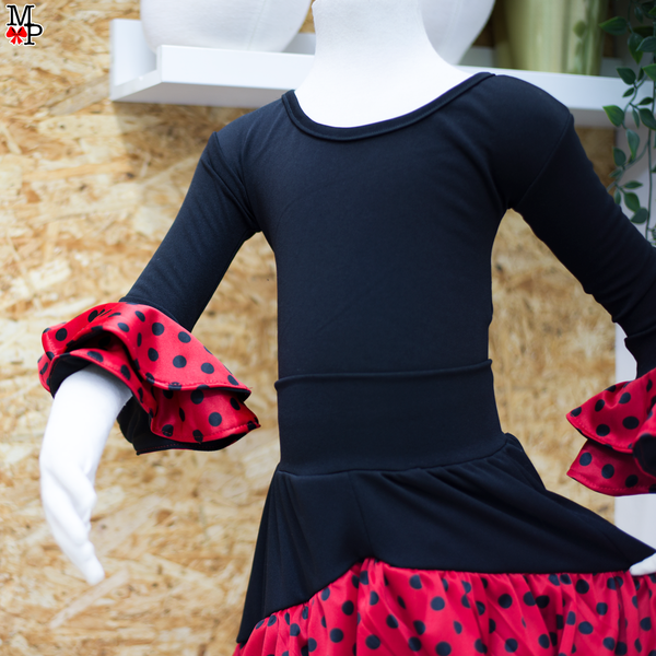 Conjunto típico Español, Leotardo, falda de vuelos y accesorio para el pelo. Baile Flamenco. Disponible desde talla 12 meses hasta XXL de mujer
