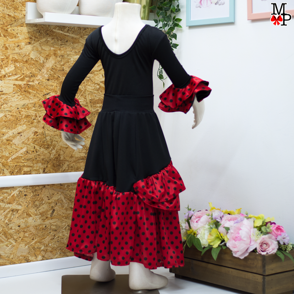 Conjunto típico Español, Leotardo, falda de vuelos y accesorio para el pelo. Baile Flamenco. Disponible desde talla 12 meses hasta XXL de mujer