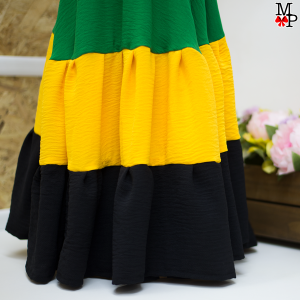 Conjunto típico de Jamaica, Leotardo, falda de vuelos y accesorio para el pelo combinado, DISPONIBLE SOLO TALLA #4