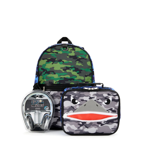 Mochila de 17" para niños, Set de 3 piezas, incluye mochila, lonchera y auriculares. Camuflaje