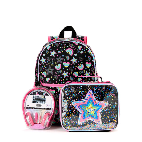 Mochila de 17" para niñas, Set de 3 piezas, incluye mochila, lonchera y auriculares. Arcoiris