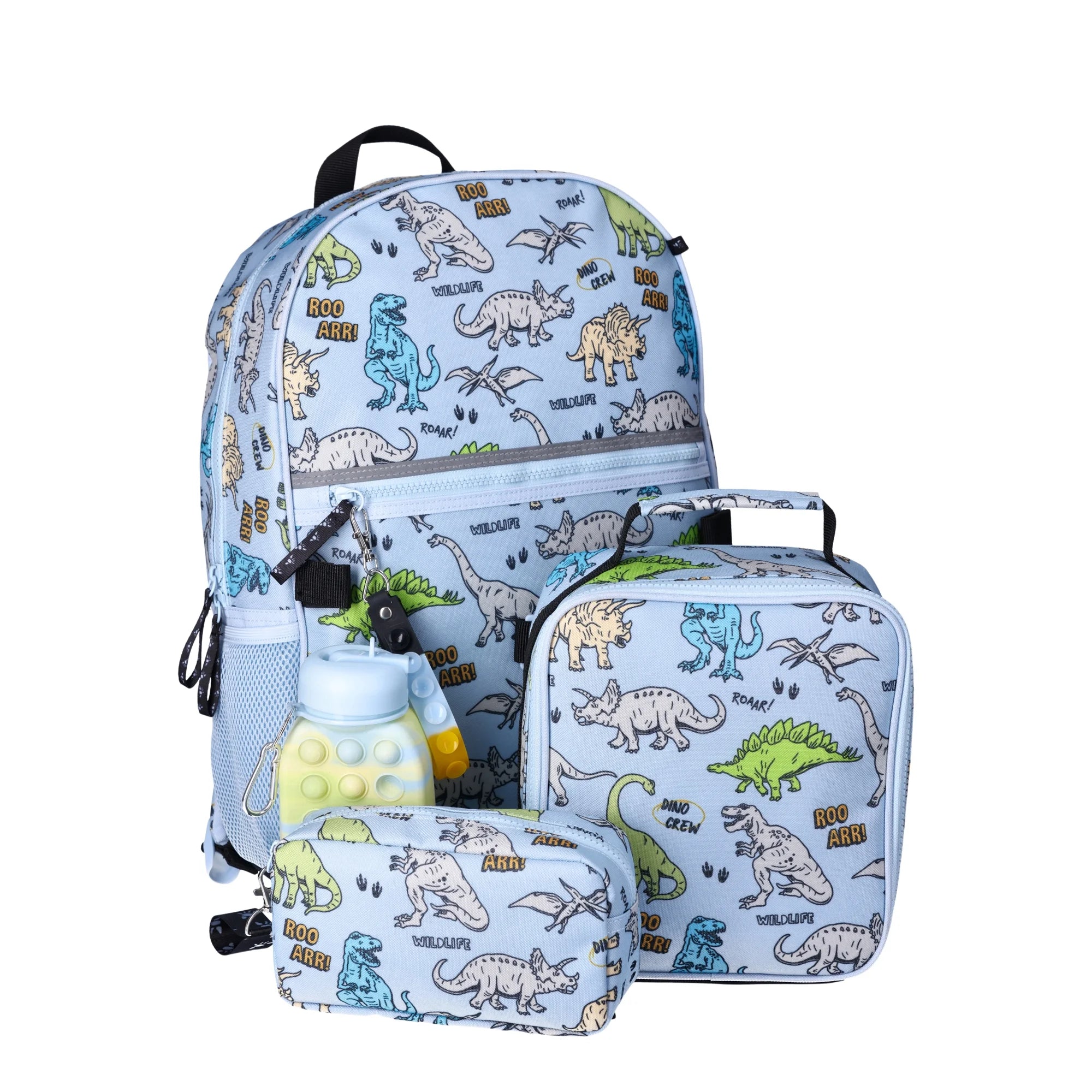 Mochila de 17" para niñas y niños, Set de 5 piezas, incluye mochila, lonchera, porta lapices y termo. Azul