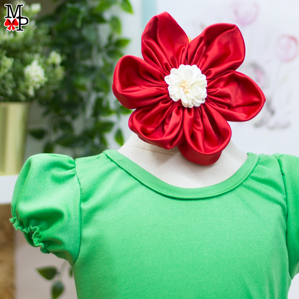 Set de tutu inspirado en flor roja, incluye leotardo, falda tutu, accesorio de la cabeza y detalle de hojas para la cintura. Tallas desde 12 meses hasta #14