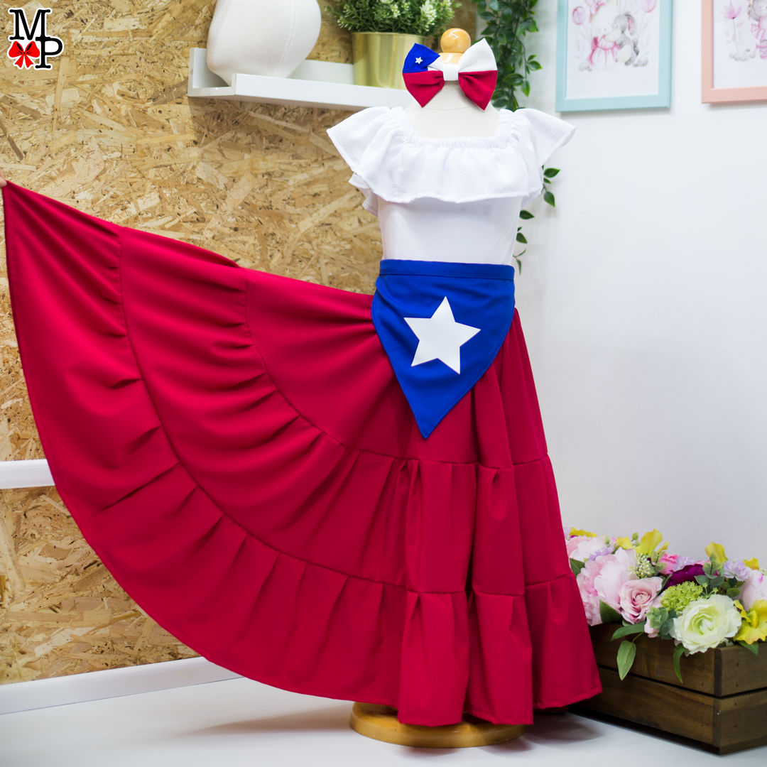 Conjunto típico de Chile,  Chilena, Leotardo, falda de vuelos y accesorio para el pelo combinado