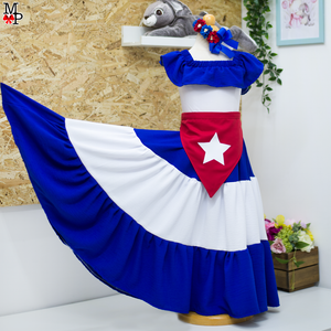 Conjunto típico de Cuba,  Cubana, Leotardo, falda de vuelos y accesorio para el pelo combinado