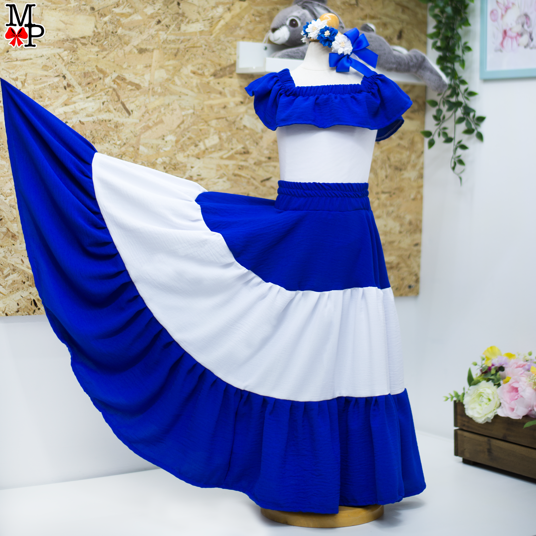 Conjunto típico de Nicaraga y El salvador, Leotardo, falda de vuelos y accesorio para el pelo combinado
