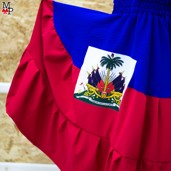 Conjunto típico Haitiano, Leotardo, falda de vuelos y accesorio para el pelo combinado