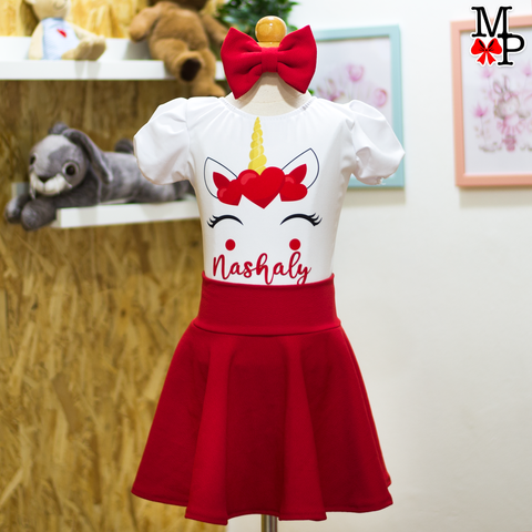 Set de Falda Circular inspirado en Unicornio enamorado rojo, Coleccion San Valentin