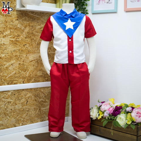 Conjunto inspirado en la bandera Puertoriqueña para niños, Camisa y pantalón de Puerto Rico,  disponible desde talla 12 meses hasta talla #14