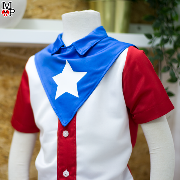 Conjunto inspirado en la bandera Puertoriqueña para niños, Camisa y pantalón de Puerto Rico,  disponible desde talla 12 meses hasta talla #14