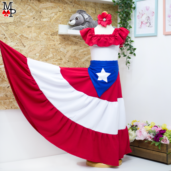 Conjunto típico Puerto Rico,  Boricua, Leotardo, falda de vuelos y accesorio para el pelo combinado