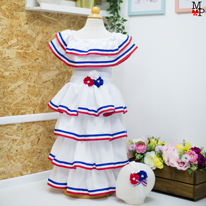 Conjunto blanco Dominicano, Leotardo, falda de vuelos y accesorio para el pelo combinado. Disponible desde talla 12 meses hasta XXL de mujer