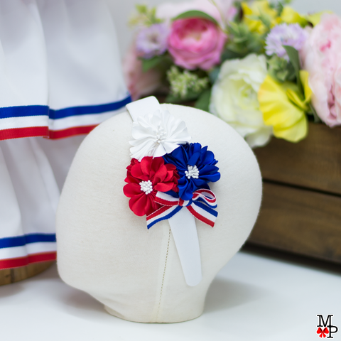 Accesorio para la cabeza inspirado en la bandera dominicano, Cintillo con flores tricolor