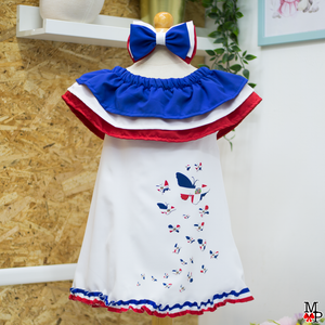 Vestido para niñas inspirado en la bandera dominicana, Vestido Dominicano con mariposas y accesorio combinado. Disponible desde talla 12 meses hasta #10