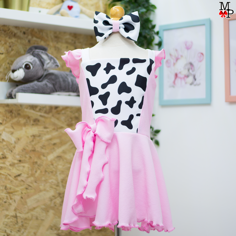 Vestido inspirado en Vaca Lola para niñas, Granja, vuelos rosado fucsia y detalles escarchado