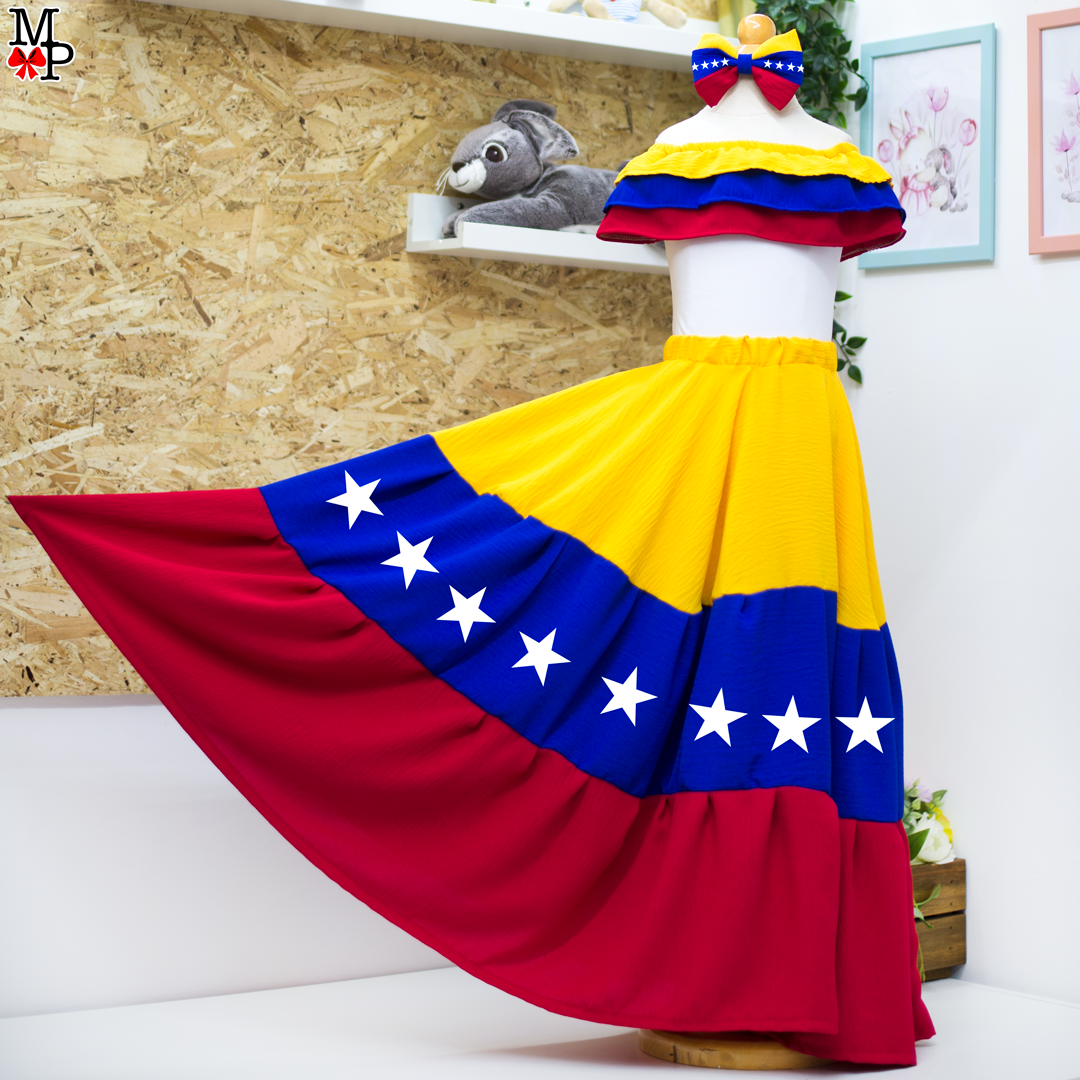 Conjunto típico Venezuela, Leotardo, falda de vuelos y accesorio para el pelo combinado