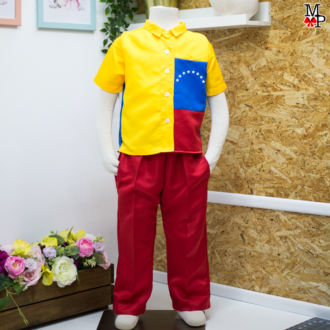 Conjunto inspirado en la bandera de Venezuela para niños, Camisa y pantalón Venezolano,  disponible desde talla 12 meses hasta talla #14